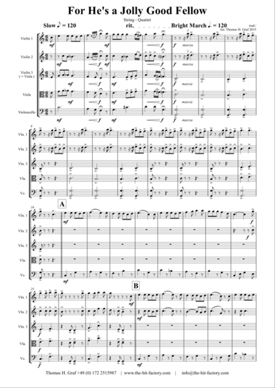 For He's a Jolly Good Fellow - Folk Song and Toast - String Quartet String Quartet scores gallery preview page 1