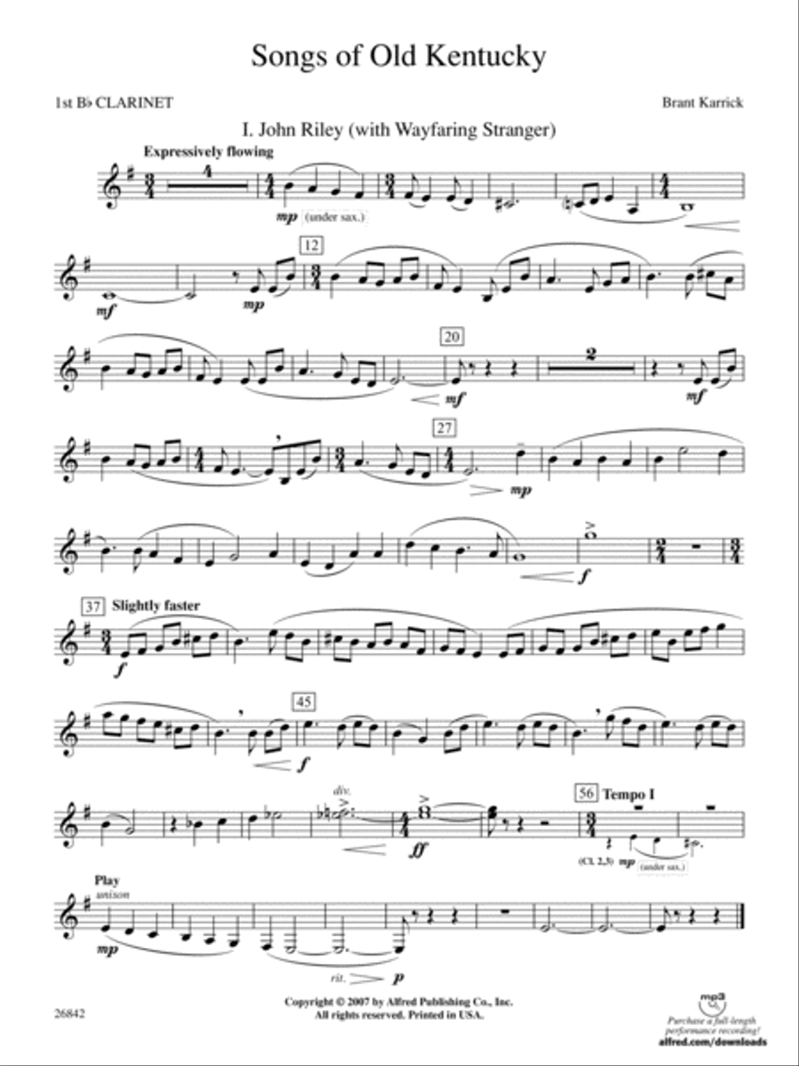 Songs of Old Kentucky: 1st B-flat Clarinet Concert Band scores gallery preview page 1