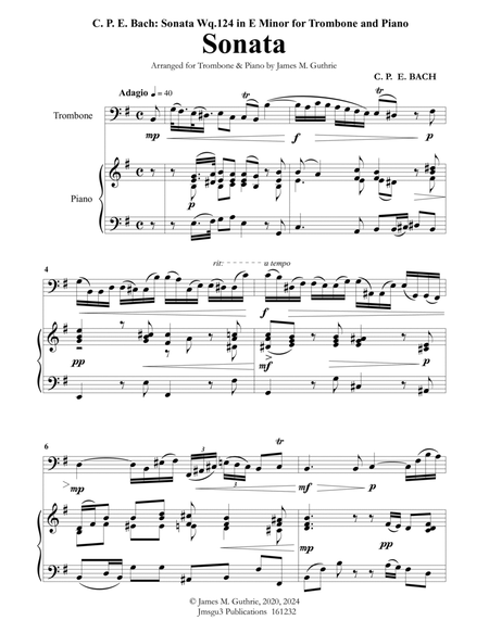 CPE BACH: Sonata in E Minor WQ124 for Trombone & Piano image number null