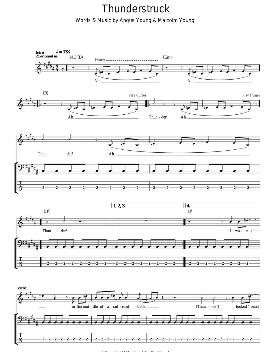Thunderstruck Bass Guitar Tablature scores gallery preview page 1