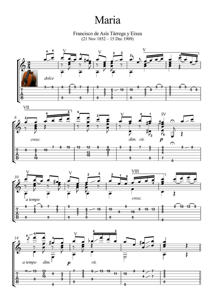Maria by Tarrega guitar solo image number null