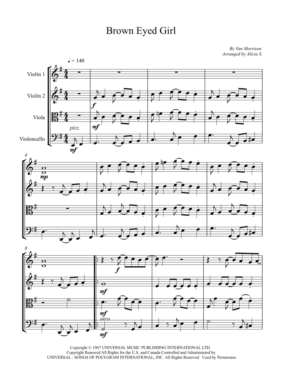 Brown Eyed Girl Brown Eyed Girl String Quartet scores gallery preview page 1