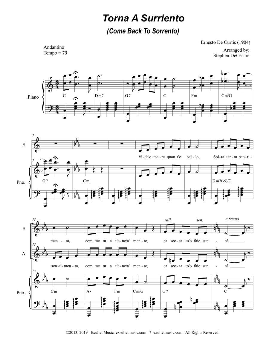 Torna A Surriento (Come Back to Sorrento) (Duet for Soprano & Alto Solo) Alto Voice scores gallery preview page 2