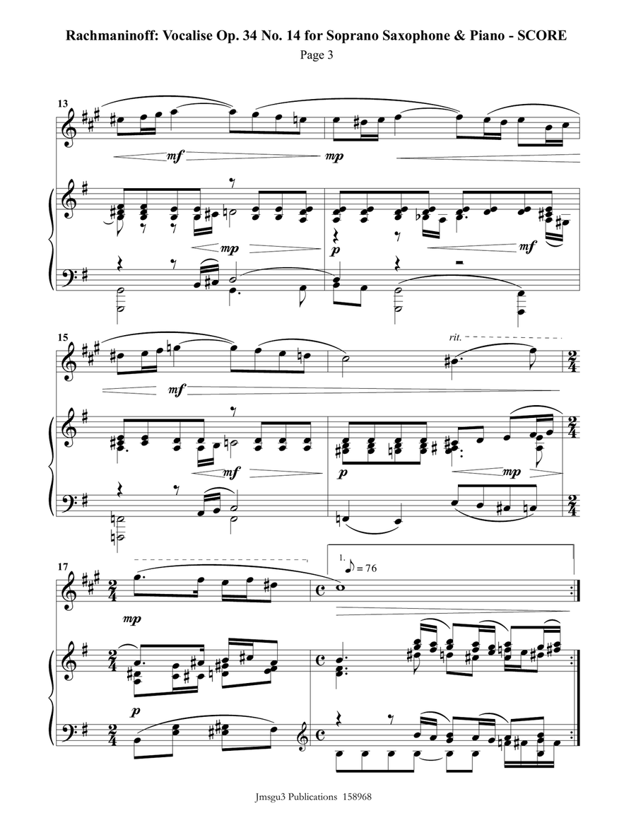 Rachmaninoff: Vocalise for Soprano Sax & Piano Soprano Saxophone scores gallery preview page 3