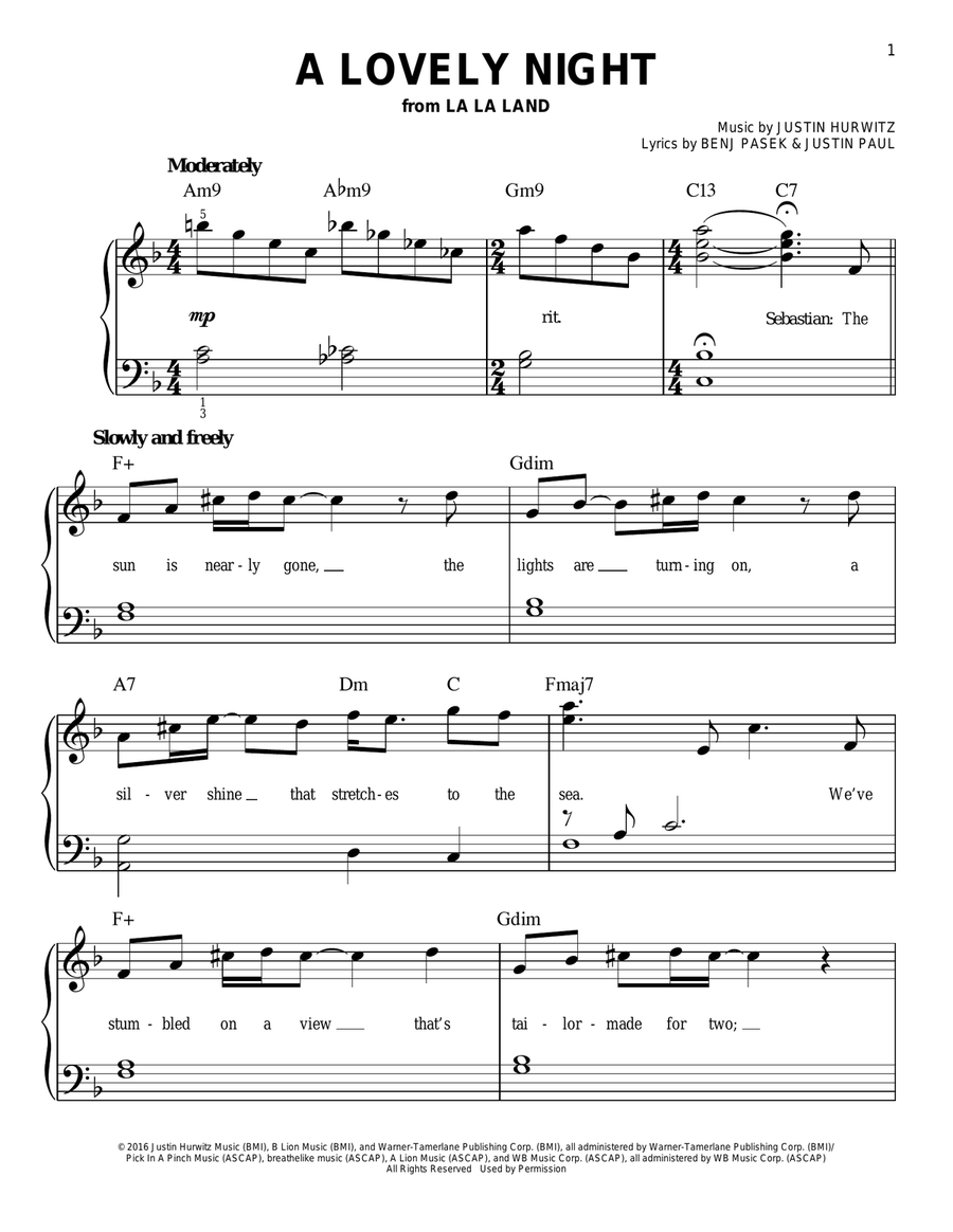 A Lovely Night (from La La Land) Easy Piano scores gallery preview page 1