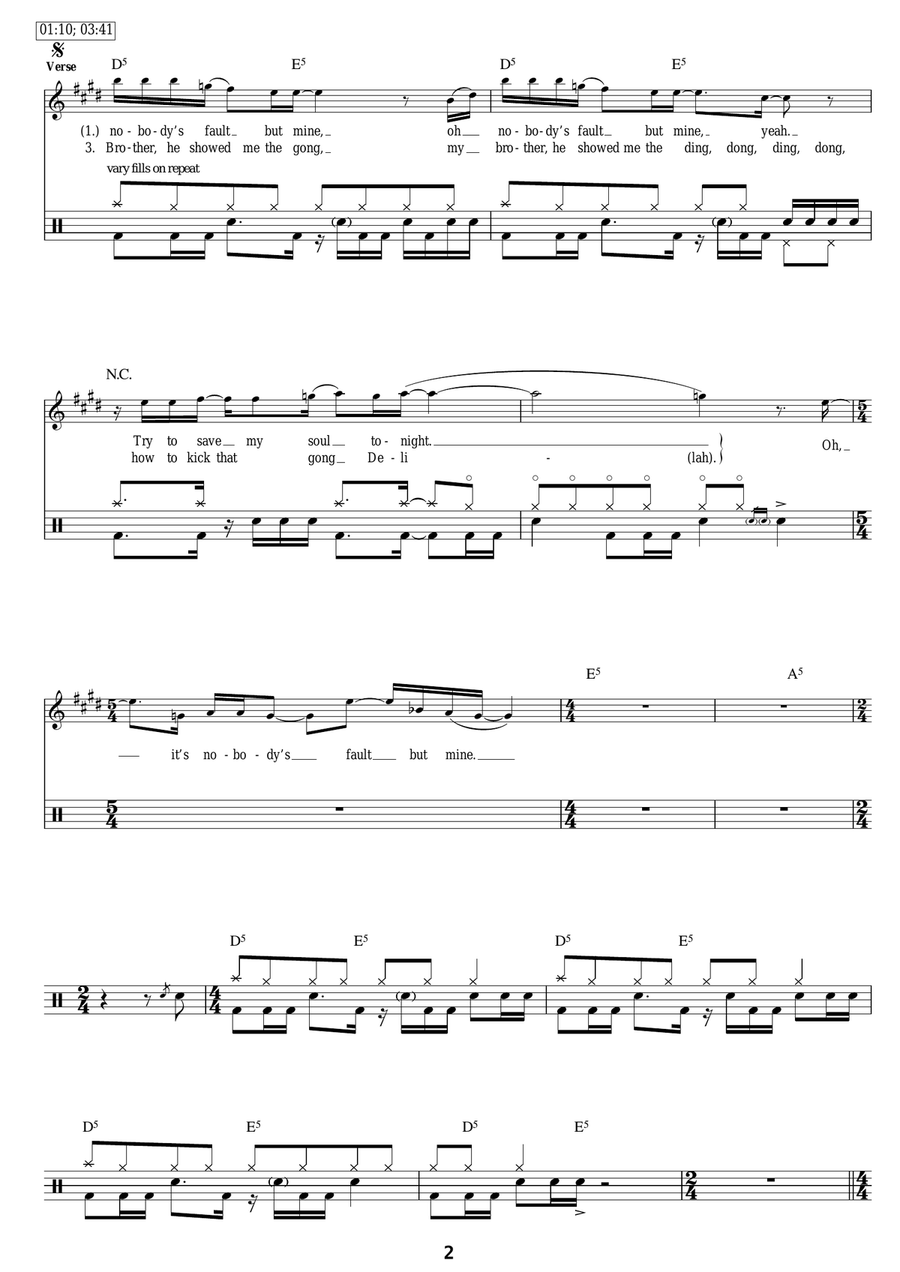 Nobody's Fault But Mine Drum Set scores gallery preview page 2