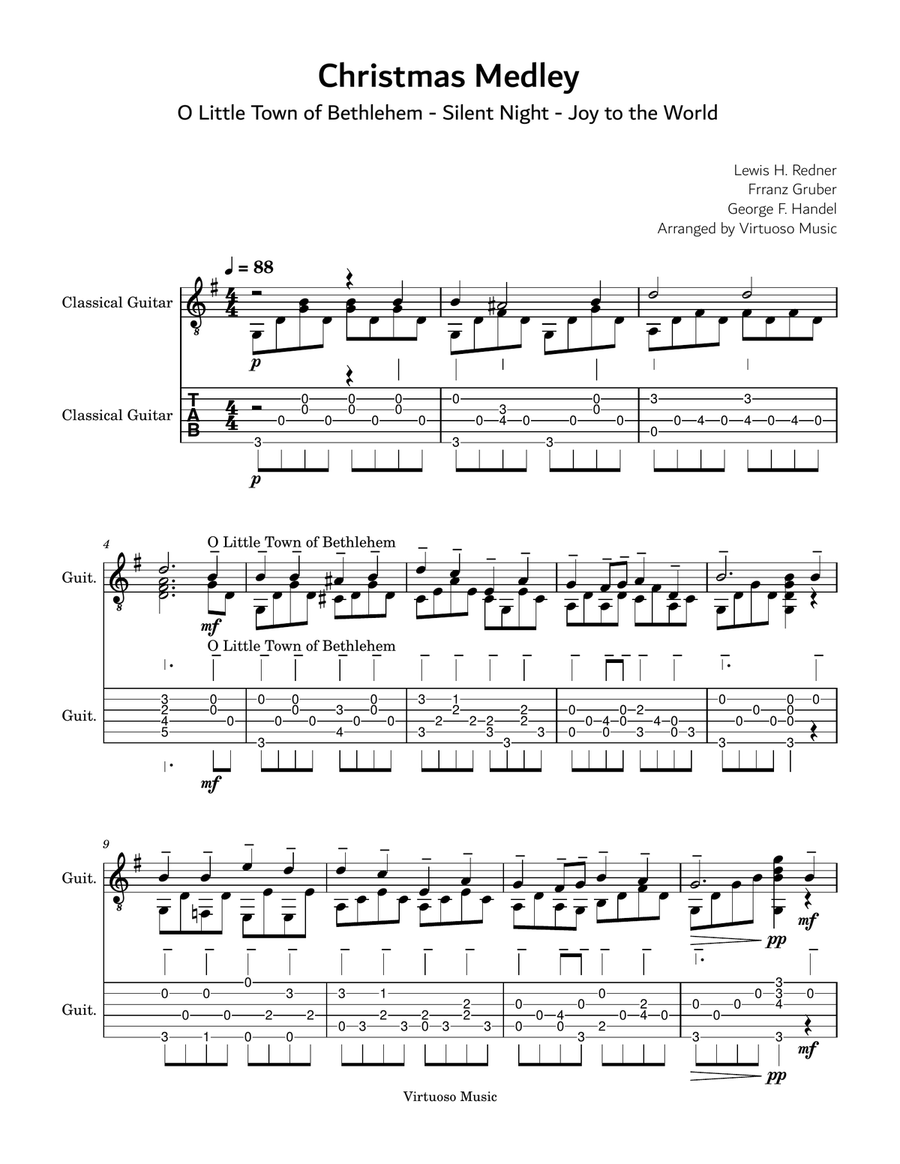 Guitar Christmas Medley - O Little Town of Bethlehem, Silent Night Holy Night, Joy to the World Acoustic Guitar scores gallery preview page 1