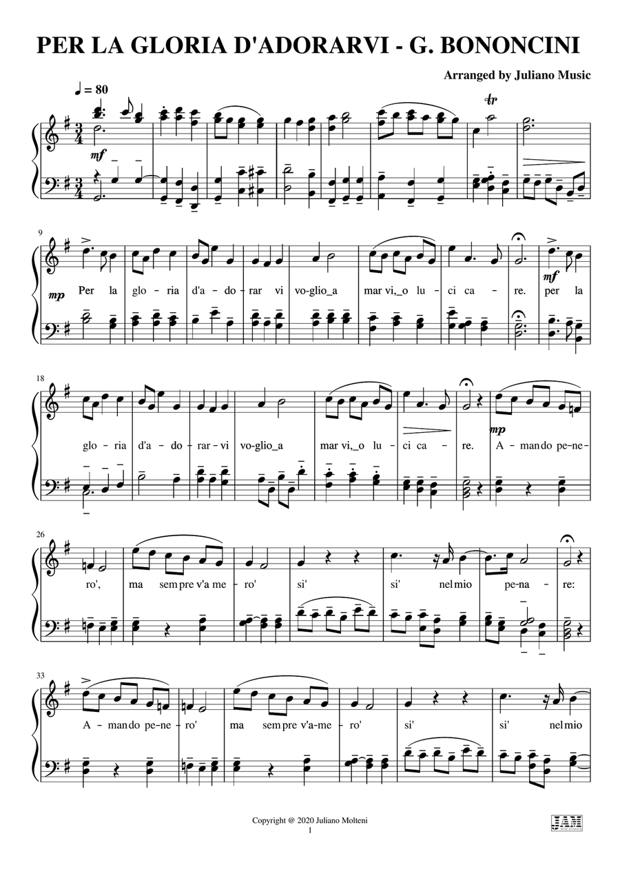 PER LA GLORIA D'ADORARVI (PIANO REDUCTION WITH LYRICS) - G. BONONCINI Piano Method scores gallery preview page 3
