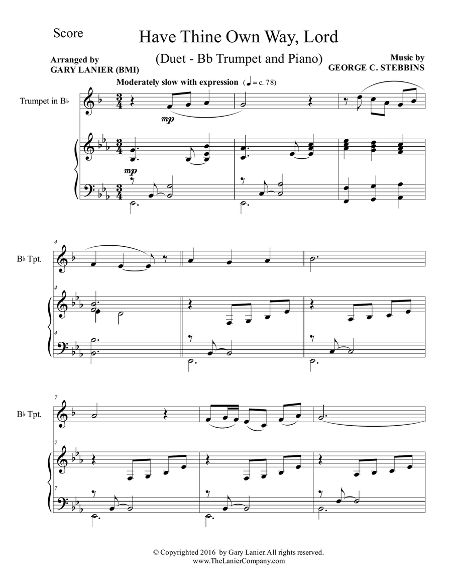Gary Lanier: HAVE THINE OWN WAY, LORD (Duet – Bb Trumpet & Piano with Parts) Trumpet Duet scores gallery preview page 2
