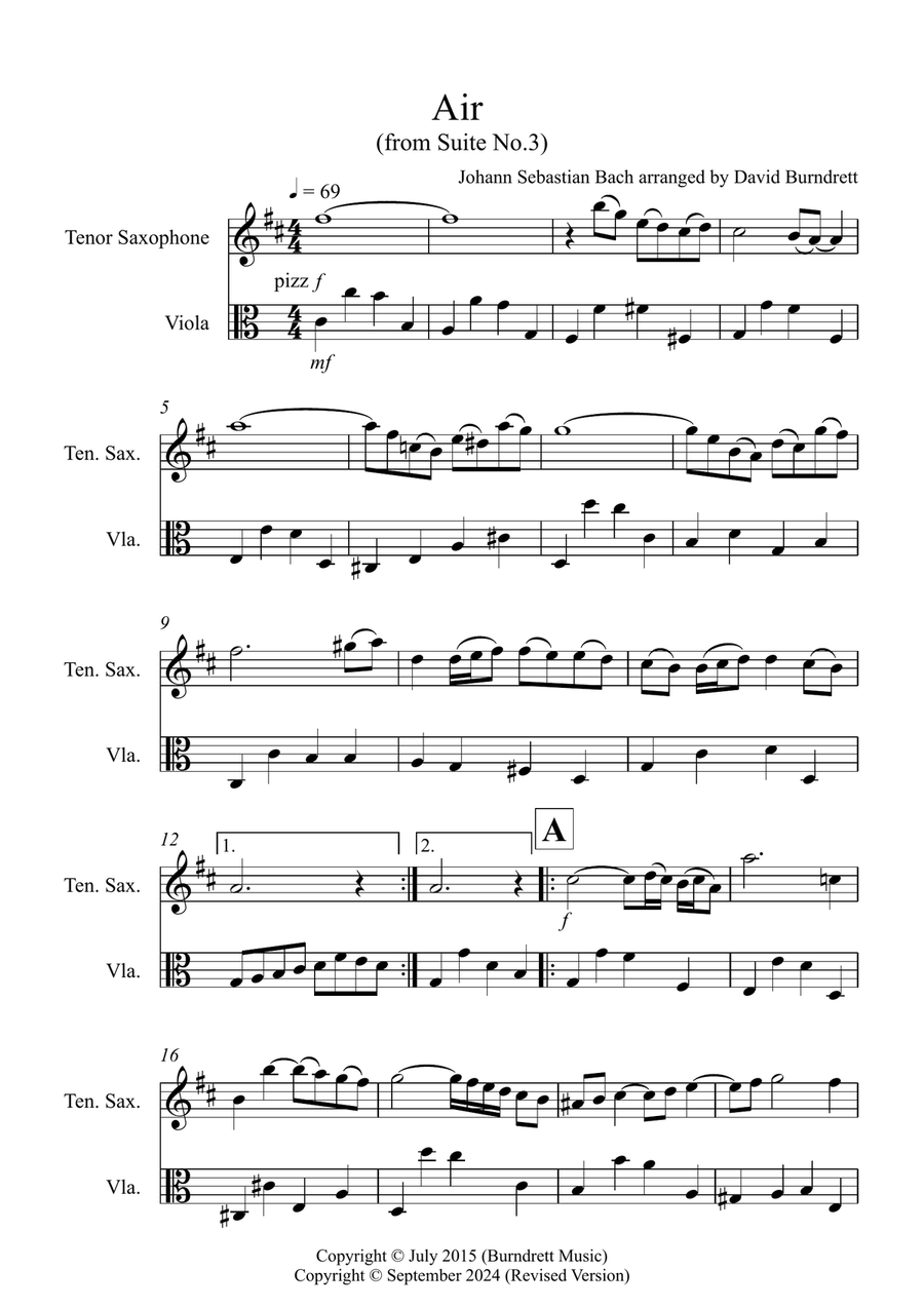 Book cover for Air on a G String for Tenor Saxophone and Viola Duet