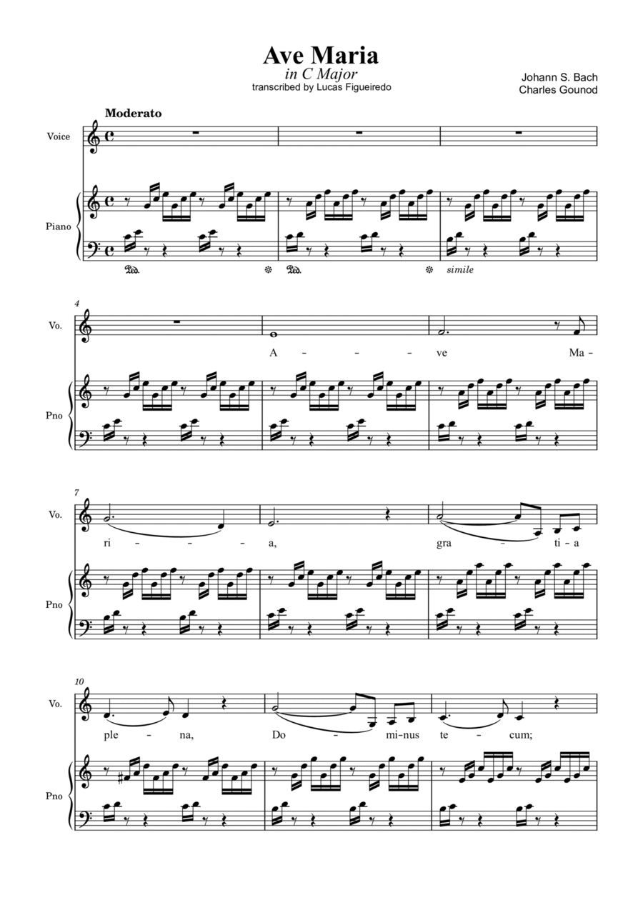 Ave Maria (Bach-Gounod) in C Major for Piano and Voice Voice scores gallery preview page 1