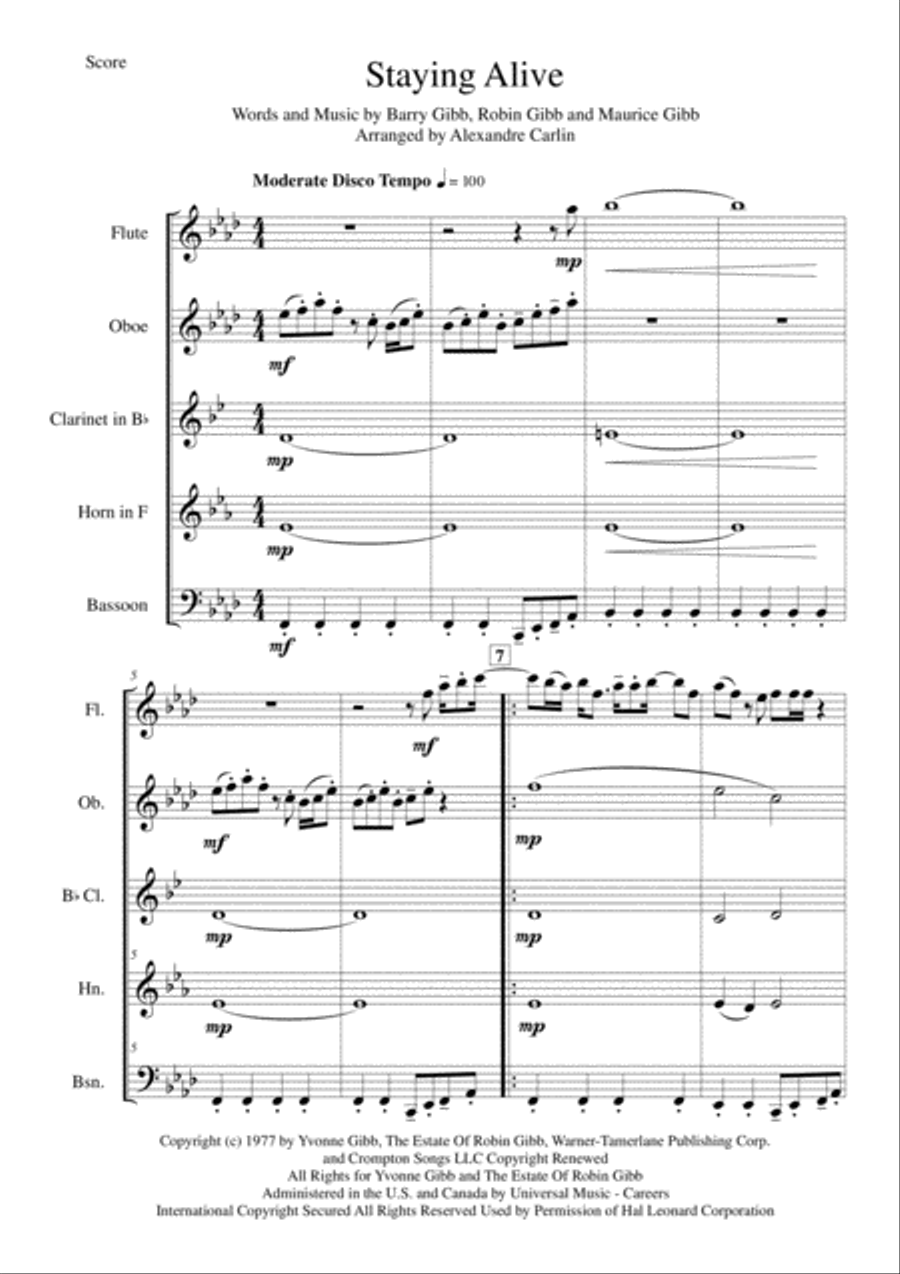 Stayin' Alive from the Motion Picture SATURDAY NIGHT FEVER Woodwind Quintet scores gallery preview page 2