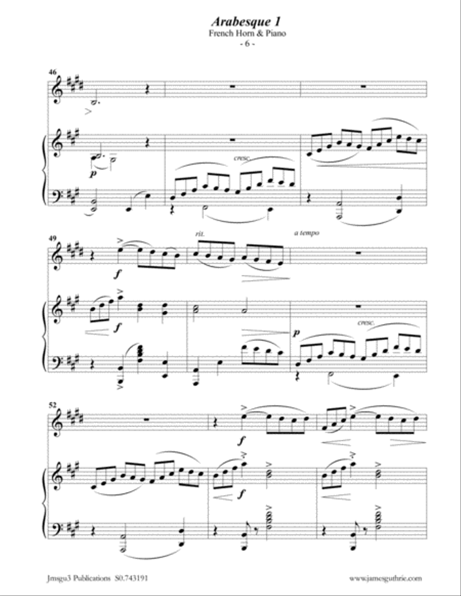 Debussy: Two Arabesques for French Horn & Piano Horn scores gallery preview page 6