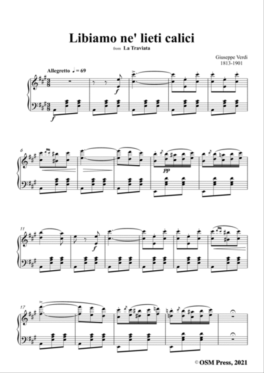 Verdi-Libiamo ne' lieti calici(Drinking Song),in A Major,Act 1 No.3,from La Traviata,for Voice and P Voice scores gallery preview page 3