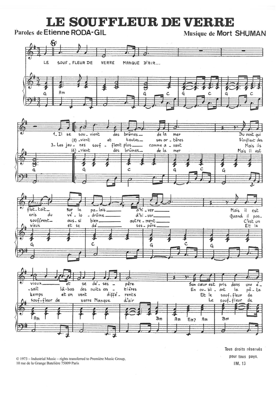 Le Souffleur De Verre Le Souffleur De Verre Piano, Vocal scores gallery preview page 1