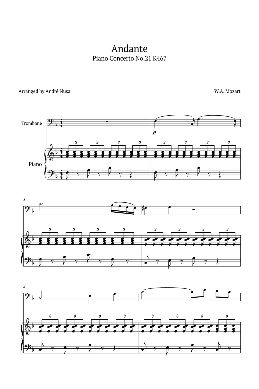 Piano Concerto No.21 Andante Chamber Music scores gallery preview page 1