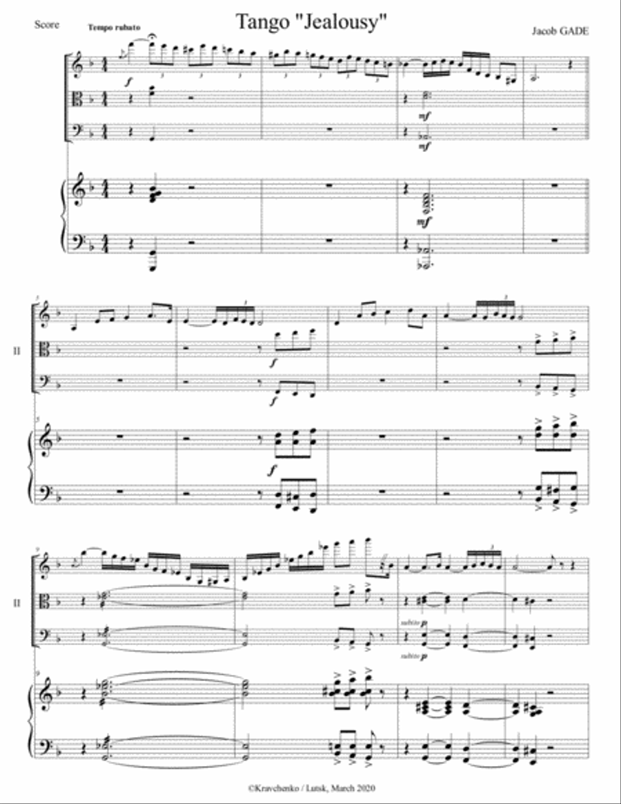 Jacob Gade - "Jealousy" for piano quartet (score and parts)