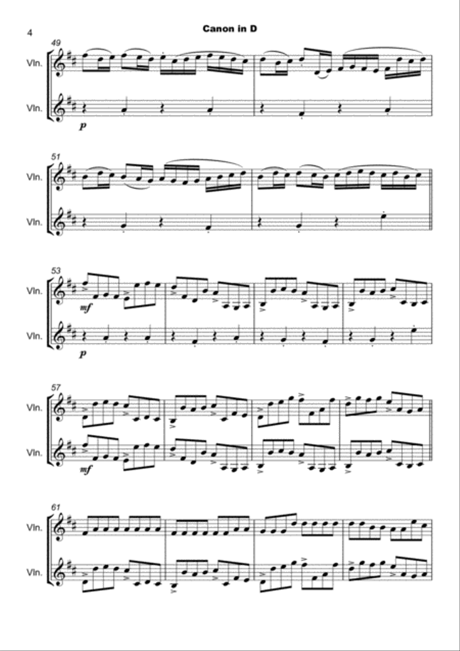 Pachelbel's Canon in D, Violin Duet (with optional bass part) String Duet scores gallery preview page 5