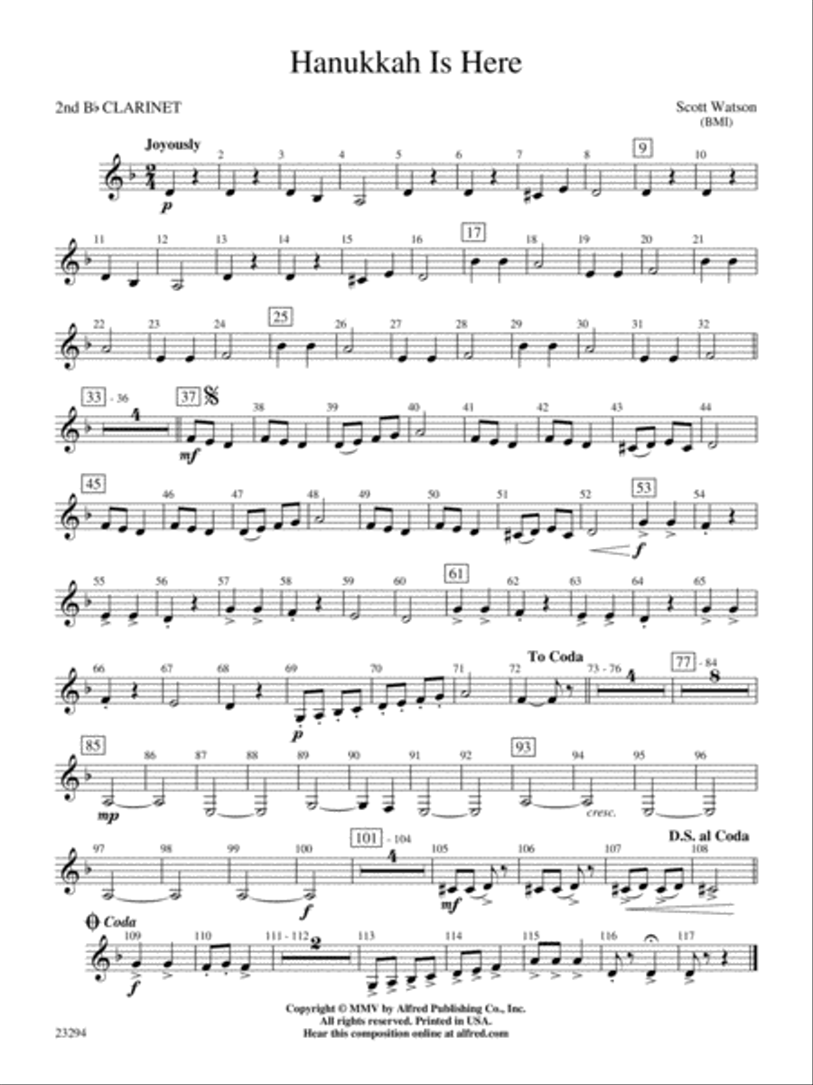 Hanukkah Is Here: 2nd B-flat Clarinet Concert Band scores gallery preview page 1