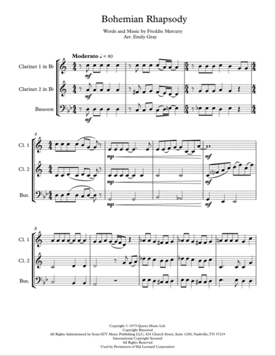 Bohemian Rhapsody Woodwind Trio scores gallery preview page 1