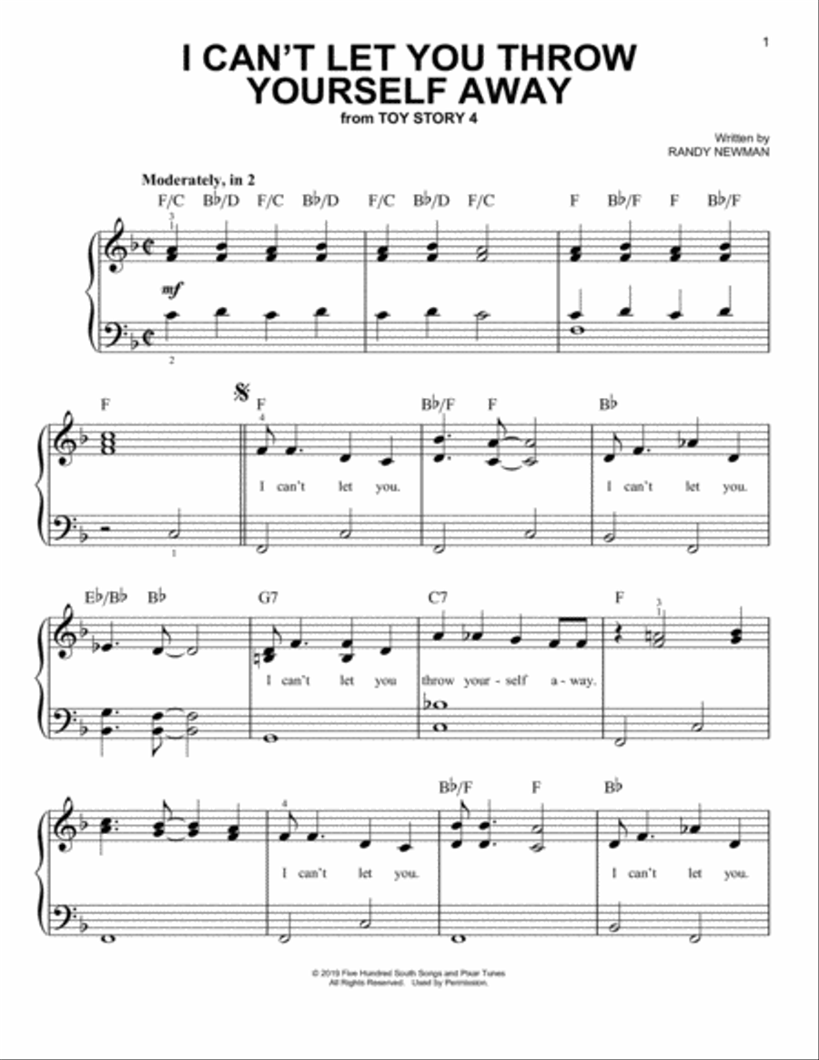 I Can't Let You Throw Yourself Away (from Toy Story 4) Easy Piano scores gallery preview page 1