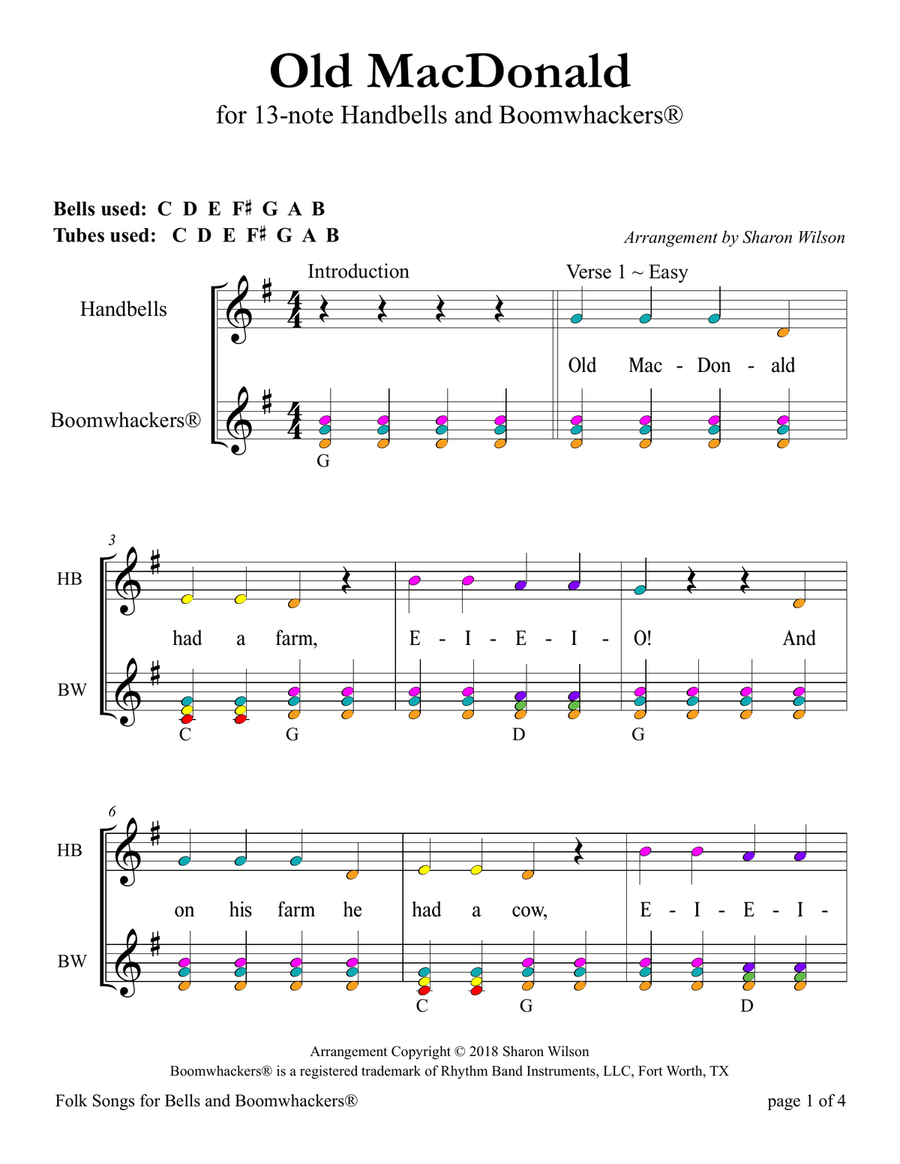 Old MacDonald Had a Farm (for 13-note Bells and Boomwhackers with Color Coded Notes) Handbell Choir scores gallery preview page 5