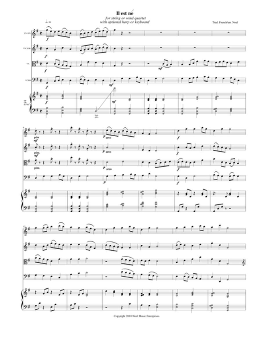 Il est ne (He Is Born) score, arranged for string quartet or flute quartet with optional harp or key image number null