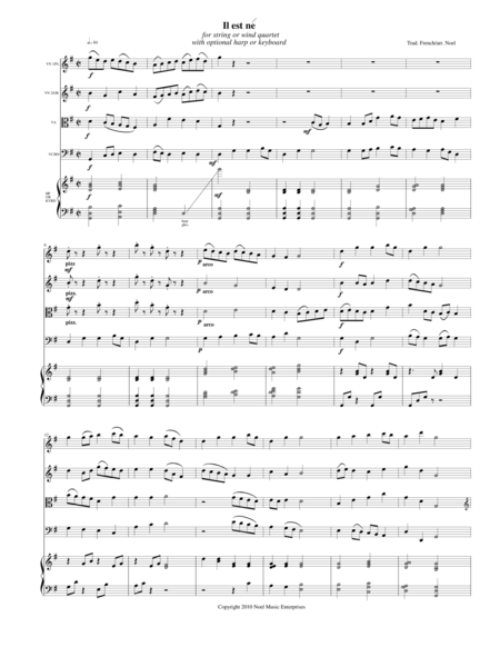 Il est ne (He Is Born) score, arranged for string quartet or flute quartet with optional harp or key image number null