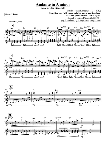 Kirnberger (Johann) - Andante in A minor - arr. for G-clef piano (GCP) in Am - score and lead image number null