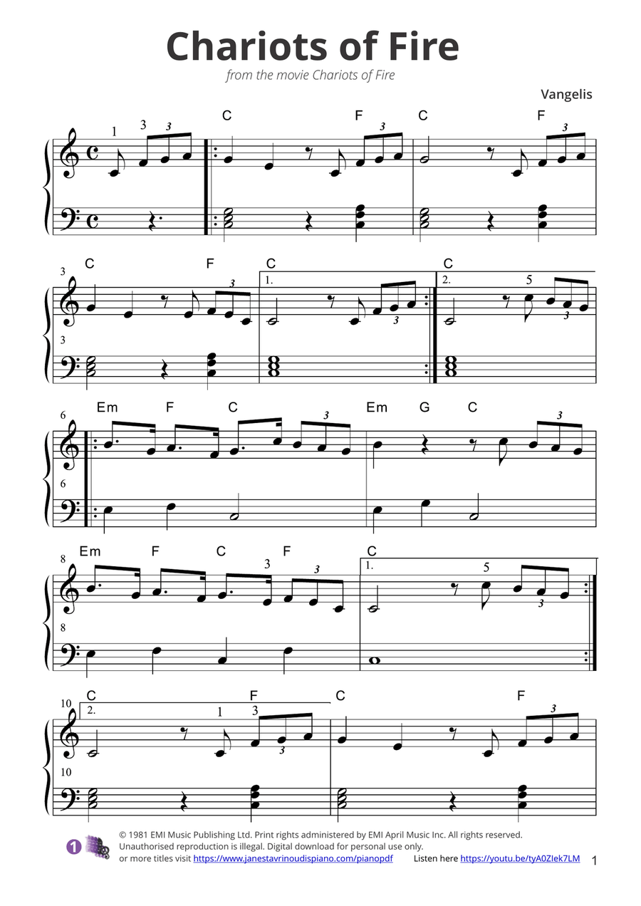 Chariots Of Fire Easy Piano scores gallery preview page 1
