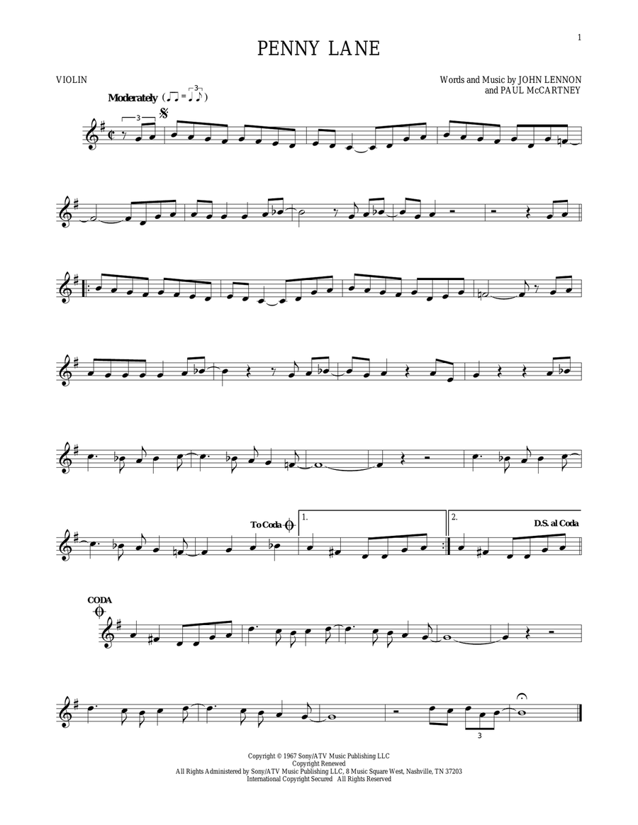 Penny Lane Penny Lane Violin Solo scores gallery preview page 1