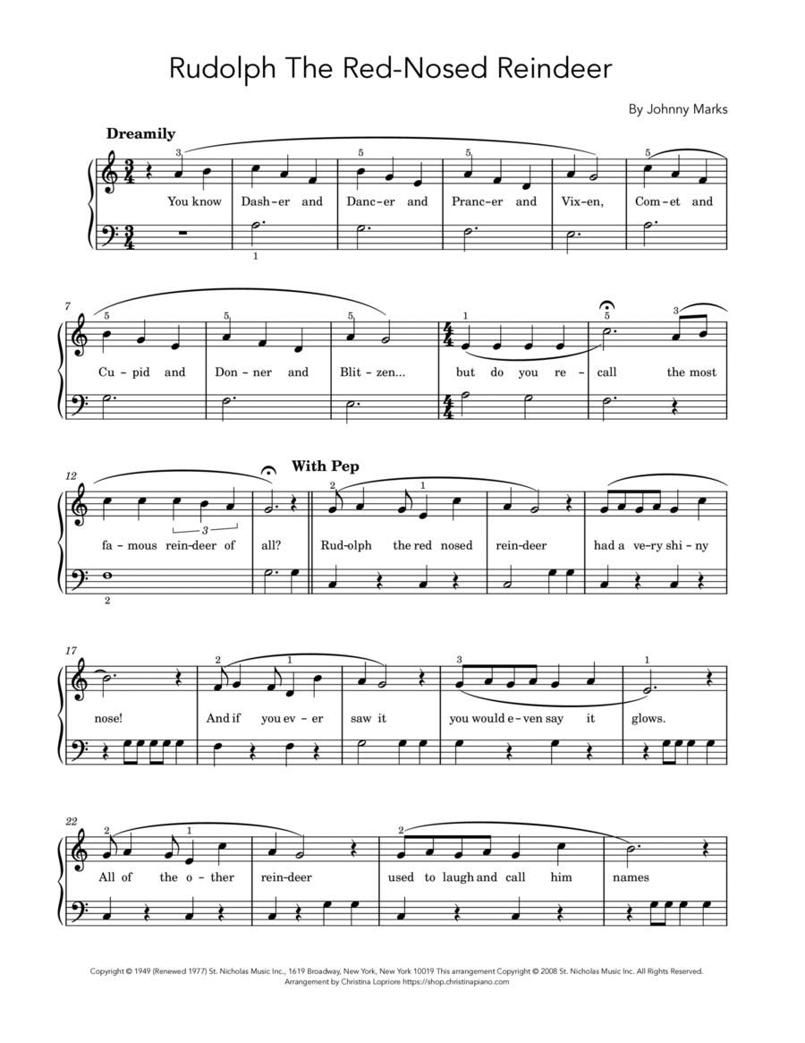 Rudolph The Red-nosed Reindeer Easy Piano scores gallery preview page 1