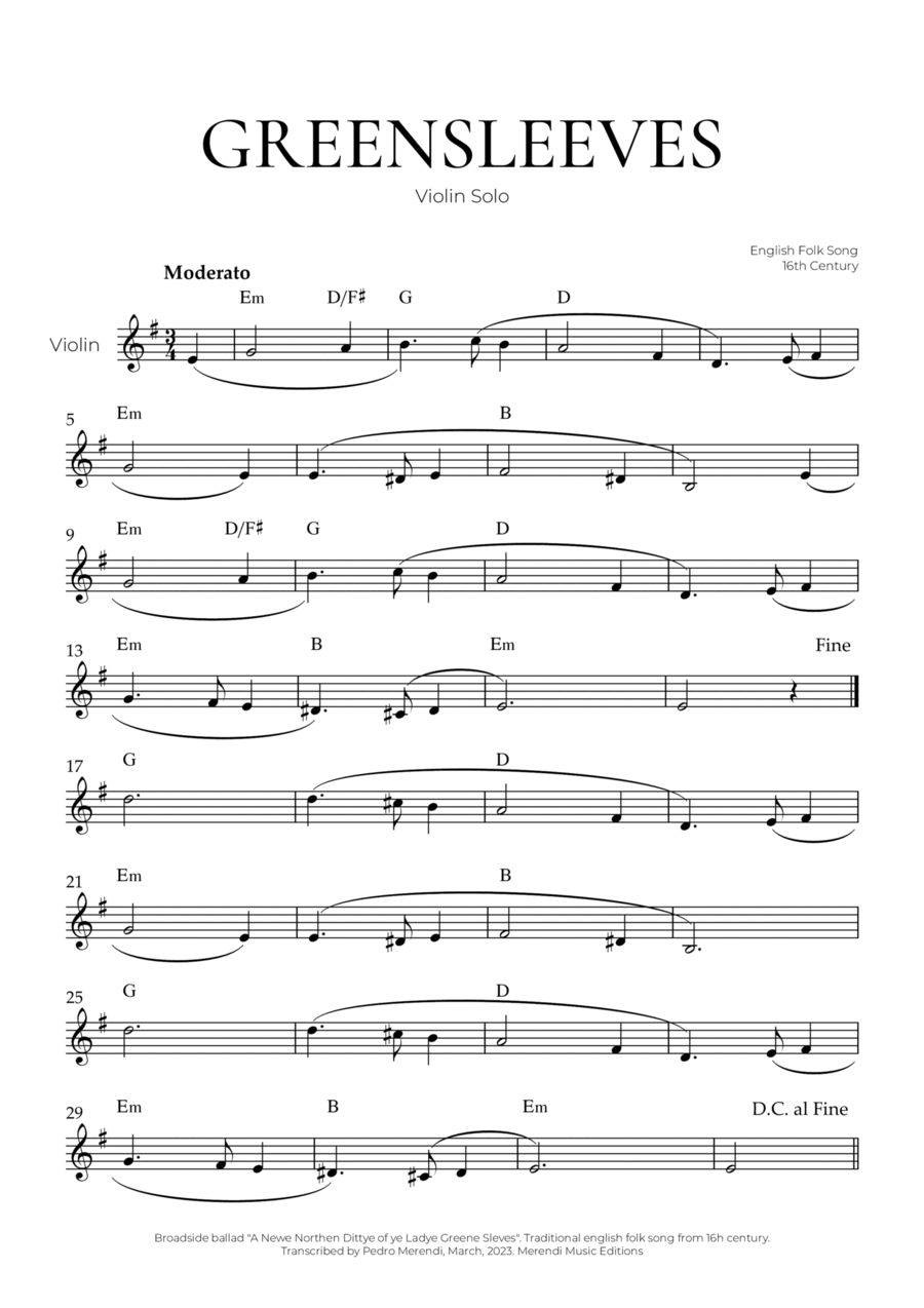 Greensleeves (Violin Solo) - English Folk Song Violin Solo scores gallery preview page 1