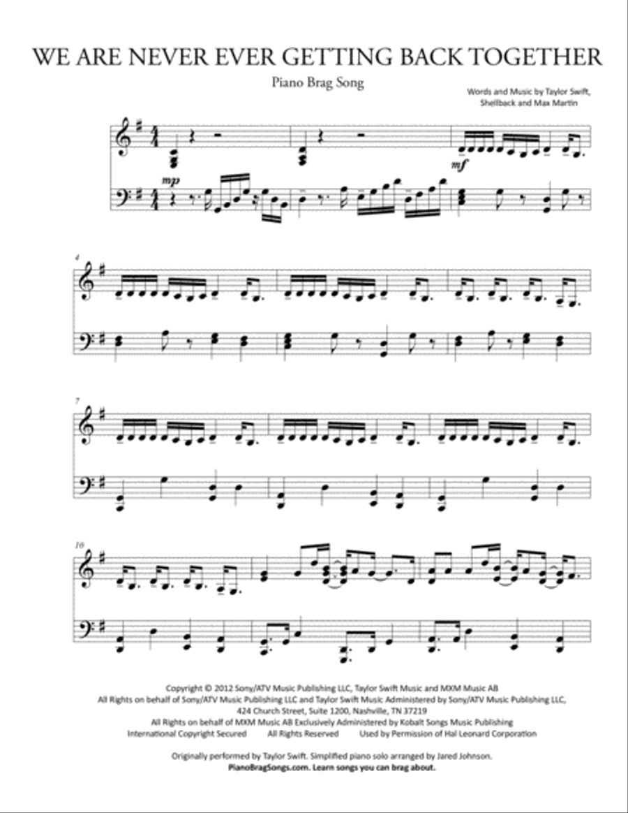We Are Never Ever Getting Back Together Piano Solo scores gallery preview page 1
