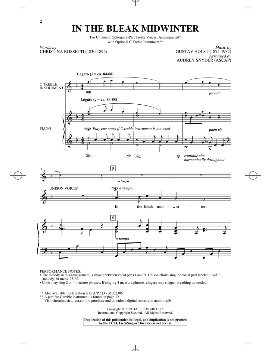 In The Bleak Midwinter Unison Choir scores gallery preview page 1