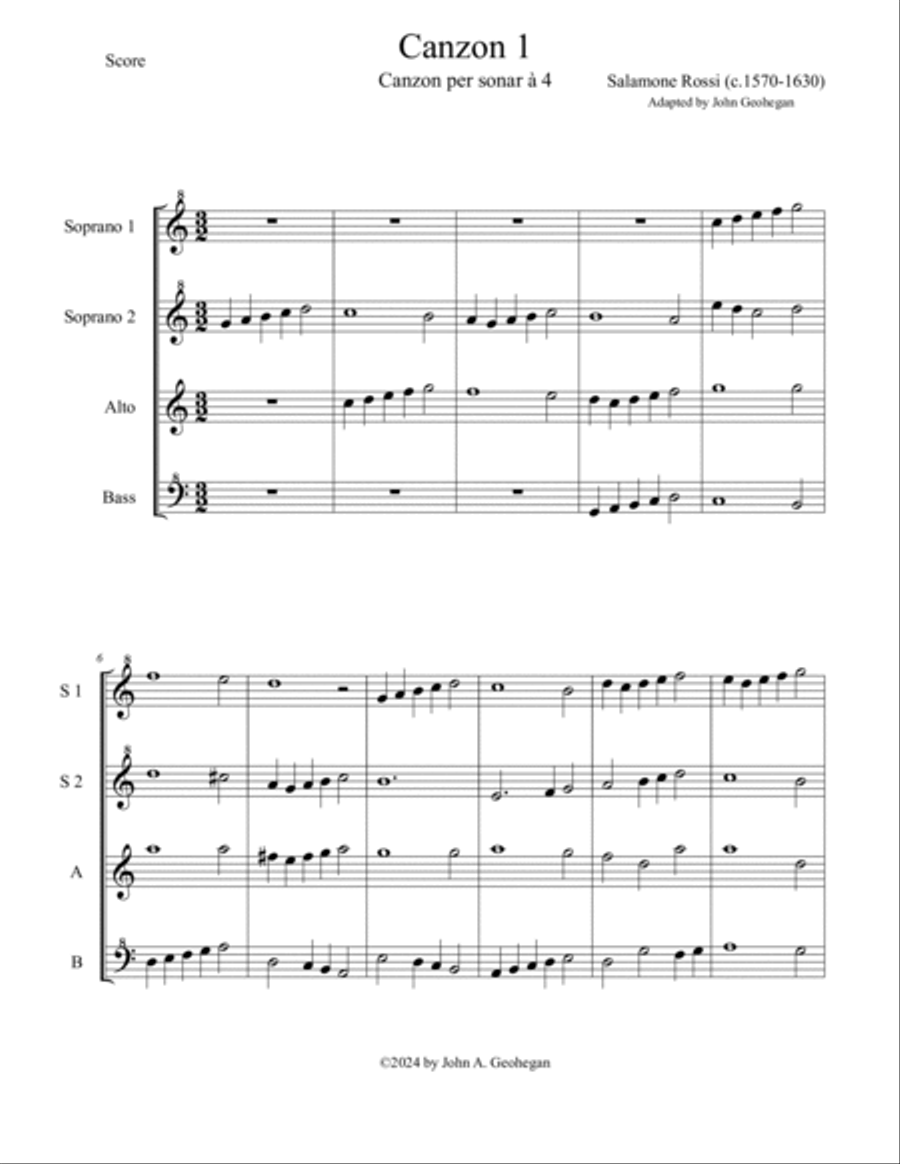 Three Salamone Rossi Canzonas for Recorder Quartets Recorder scores gallery preview page 3