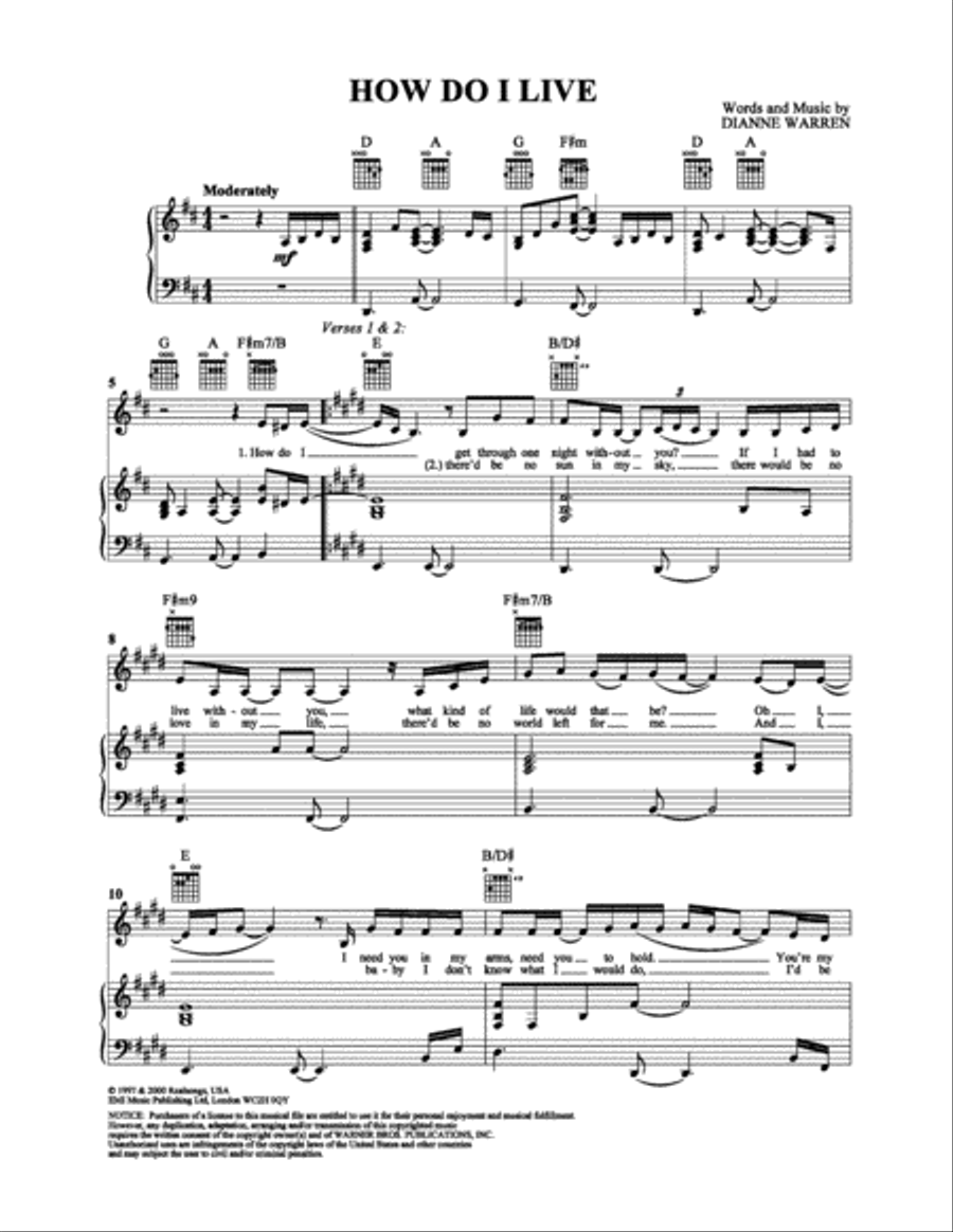 How Do I Live How Do I Live Piano, Vocal, Guitar scores gallery preview page 1