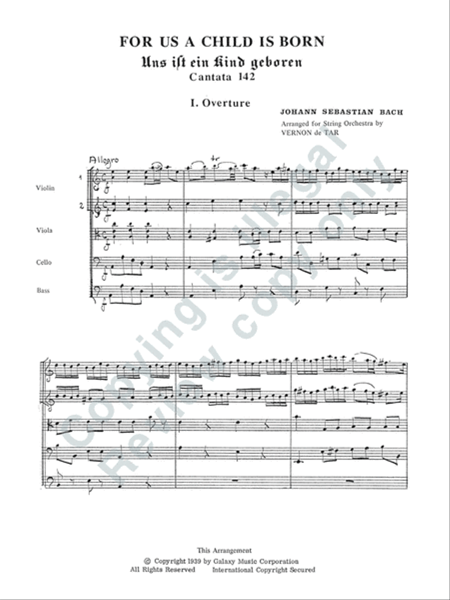 For Us a Child is Born (Uns ist ein Kind geboren) (Cantata No. 142) (Additional String Orchestra Score)