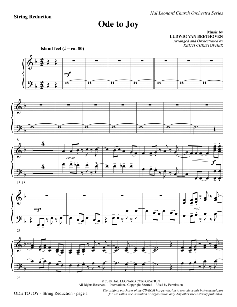Ode To Joy (Does Not Match SATB 08752035) - Keyboard String Reduction 4-Part scores gallery preview page 1