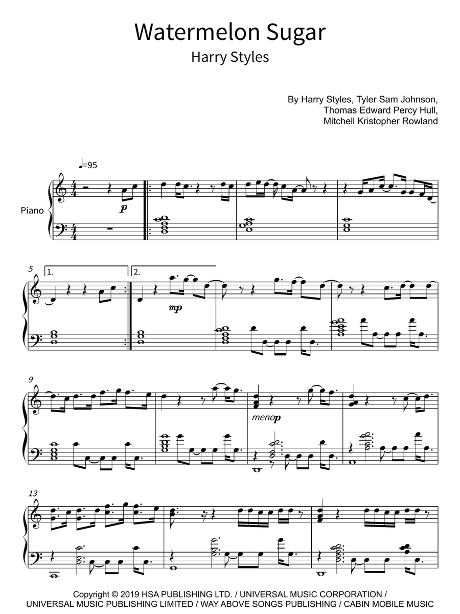 Watermelon Sugar Piano Solo scores gallery preview page 1