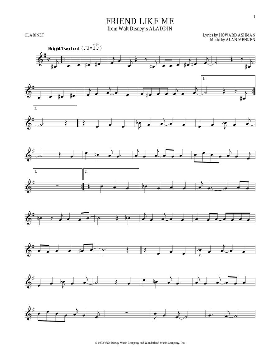 Friend Like Me (from Aladdin) Clarinet Solo scores gallery preview page 1