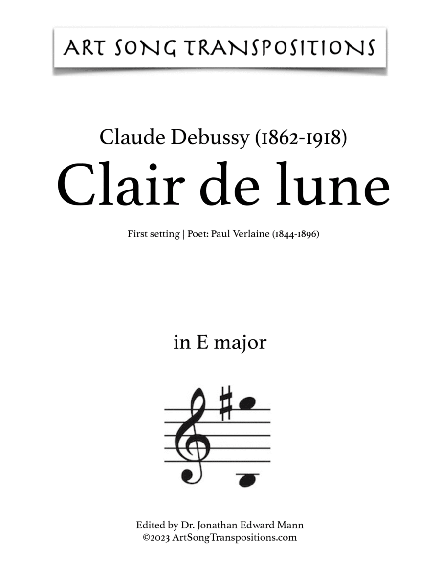 DEBUSSY: Clair de lune (first setting, transposed to E major) Voice scores gallery preview page 1