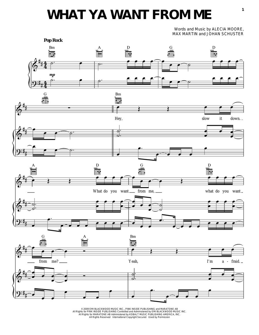 What Ya Want From Me Piano, Vocal, Guitar scores gallery preview page 1