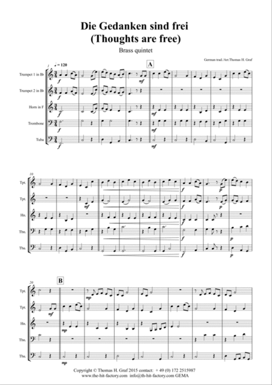 Die Gedanken sind frei - (Thoughts are free) - German Folk Song - Brass Quintet Brass Quintet scores gallery preview page 2