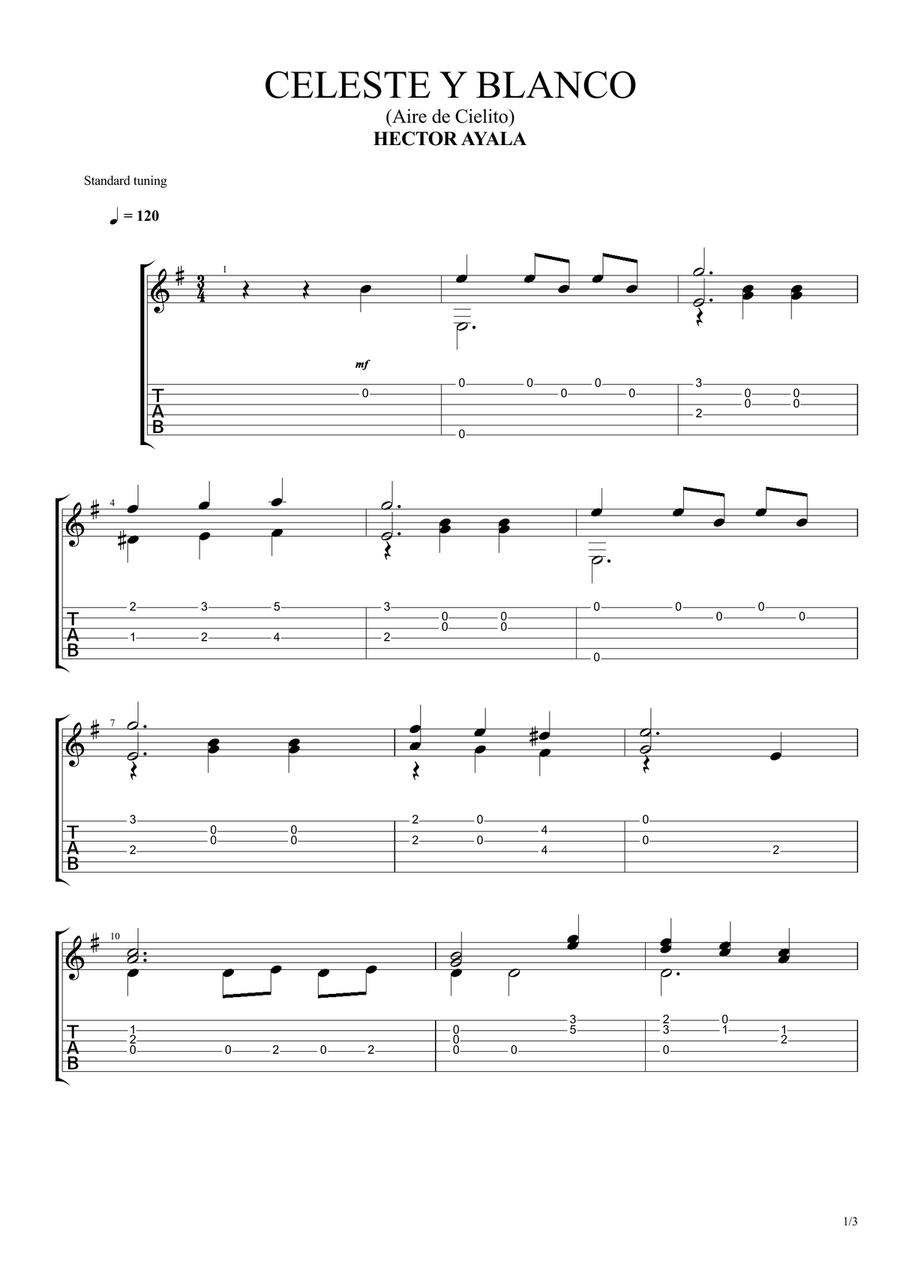 Celeste y Blanco Celeste y Blanco Guitar Tablature scores gallery preview page 1