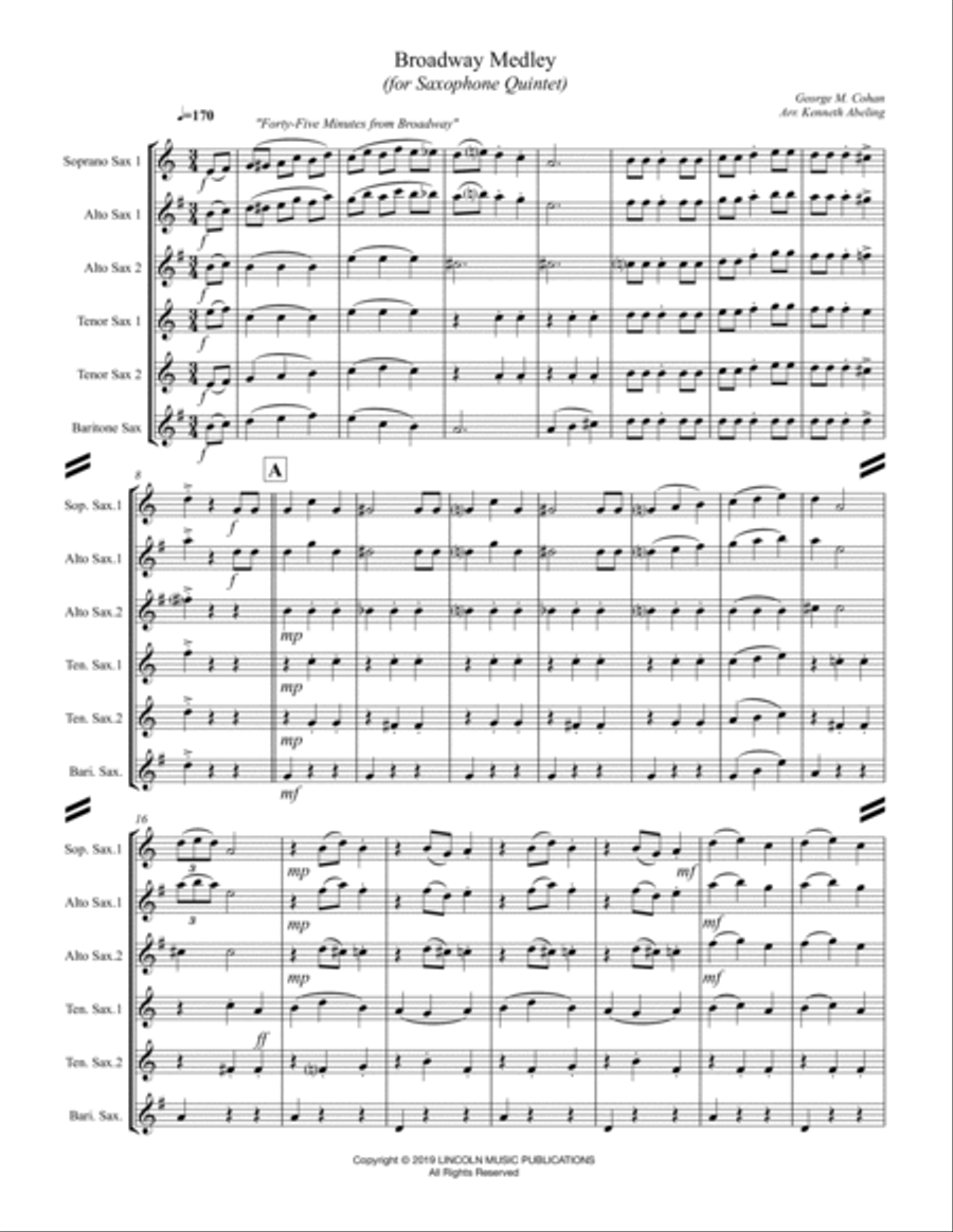 Broadway Medley (for Saxophone Quintet SATTB or AATTB) Saxophone Quintet scores gallery preview page 2