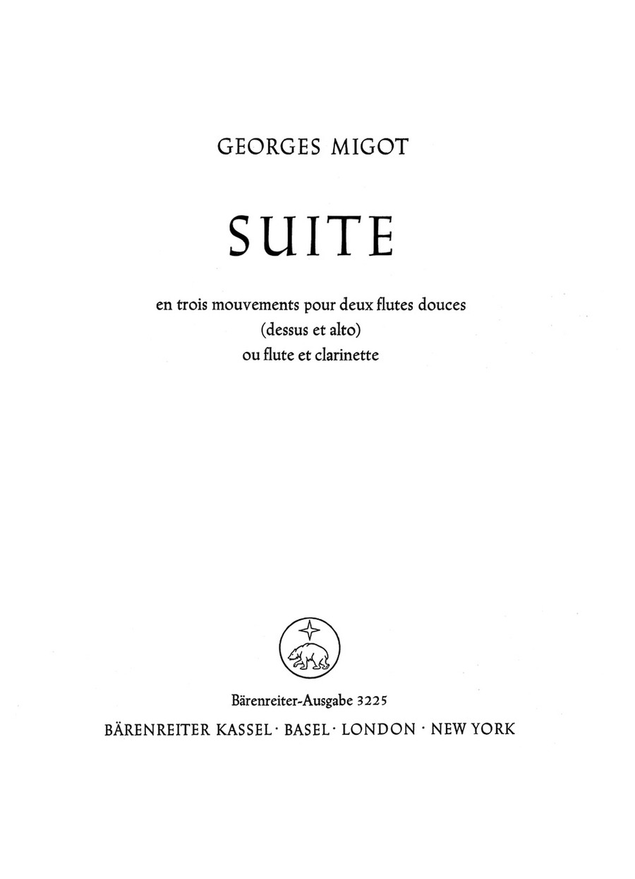 Suite en trois mouvements pour deux flutes douces (dessus et alto) ou flute et clarinette Clarinet scores gallery preview page 1