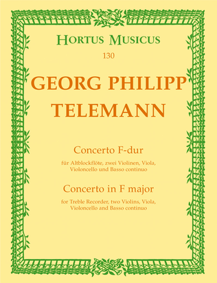 Book cover for Concerto for Treble Recorder, Strings and Basso continuo F major
