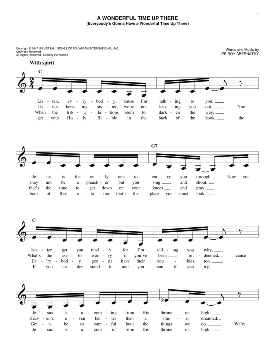 A Wonderful Time Up There (Everybody's Gonna Have A Wonderful Time Up There) Piano scores gallery preview page 1