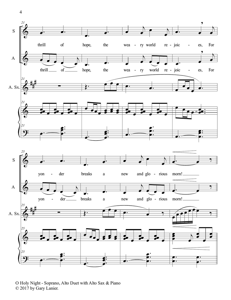 O HOLY NIGHT (Soprano, Alto Vocal Duet with Alto Sax & Piano - Score & Parts included) Small Ensemble scores gallery preview page 5